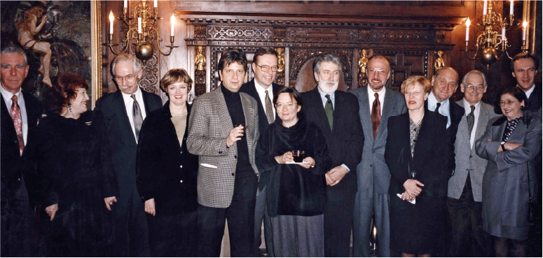 1996, AT THE KOSCIUSZKO FOUNDATION: THE LEADERS OF POLISH FILM INDUSTRY CELEBRATING THE OPENING OF THE FESTIVAL “REVELATION AND CAMOUFLAGE: POLISH CINEMA FROM 1930 TO THE PRESENT” From left: KF Chairman Michael G. Sendzimir, Prof. Maria Kornatowska, Joseph E. Gore, Monika Olszer Jasinska, Juliusz Machulski, Krzysztof Zanussi, Agnieszka Holland, Edward Klosinski, Maciej Karpinski, Krystyna Janda, Boleslaw Michalek, Andrzej Wajda, Krystyna Zachwatowicz, and Tadeusz Scibor- Rylski, President of the Polish State Cinematography Committee.