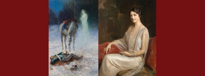 Polish art restoration of Jan Chełmiński's His Last Vision painting showing conservator's work on battle scene. Polish art restoration of Tadeusz Styka's Portrait of Anne Koons Parrish revealing original colors and details